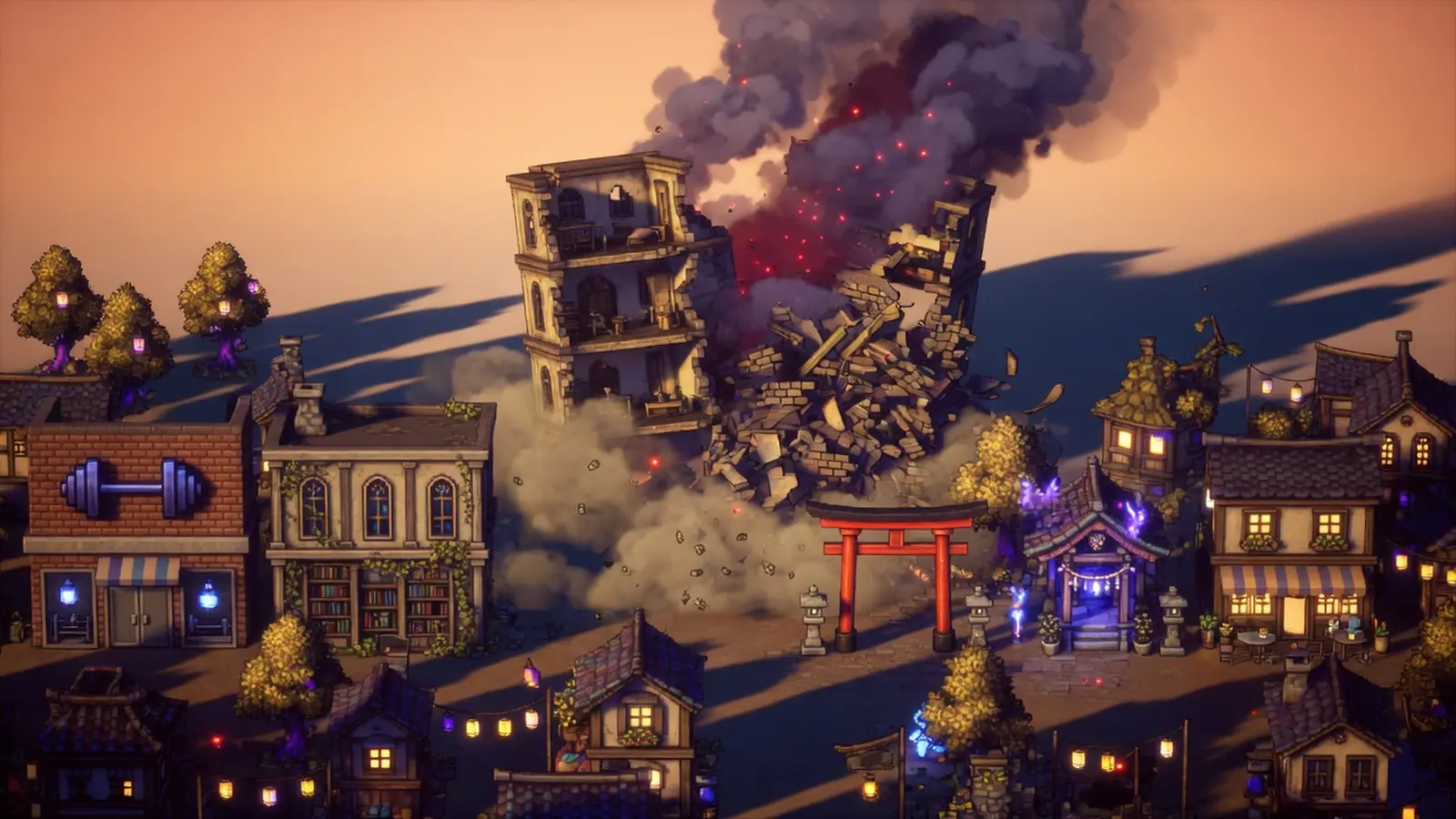 A pixel-art city block with one building collapsing into smoke and rubble