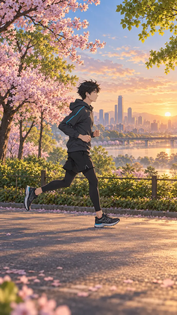 A real morning run through a park at sunrise